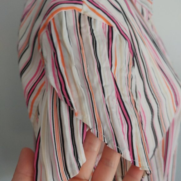 FRED DAVID Colourful Pinstriped Collared Shirt Blouse Micro Pleats Tulip Sleeves - Picture 6 of 9